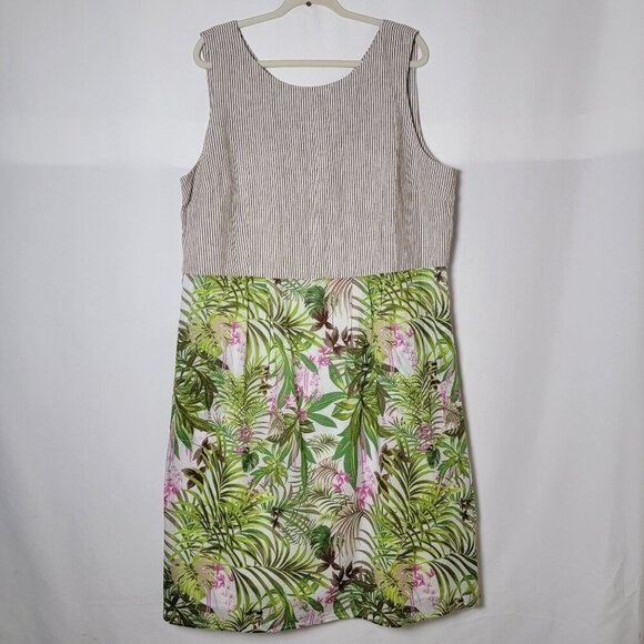 J. Jill Linen Blend Striped Botanical Hawaiian Floral Sleeveless Sheath Dress XL - Picture 2 of 13